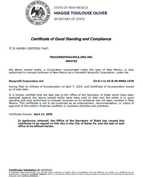 GOOD STANDING CERTIFICATE Truckersfinalmile GOOD STANDING CERTIFICATE Truckersfinalmile